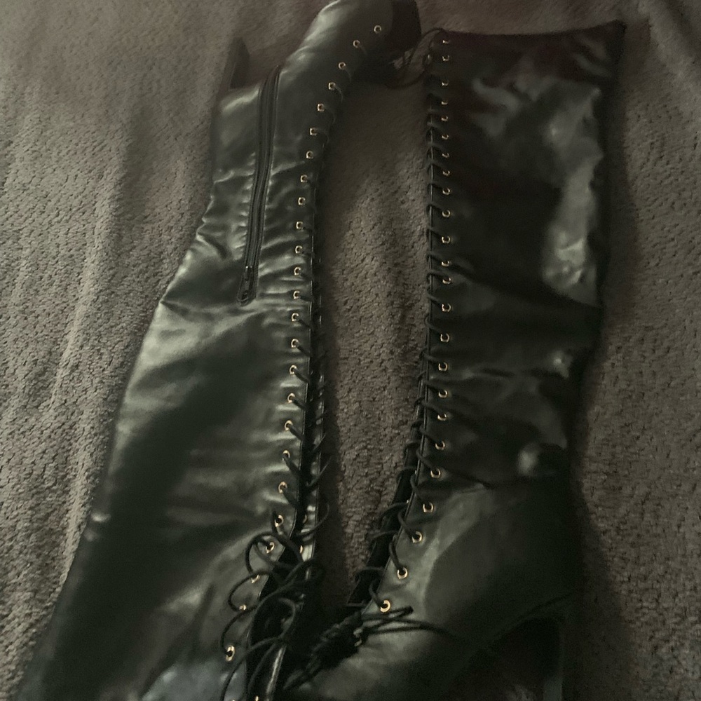 Dolls Kill Black Lace-Up Faux Leather Over-the-Knee Boots